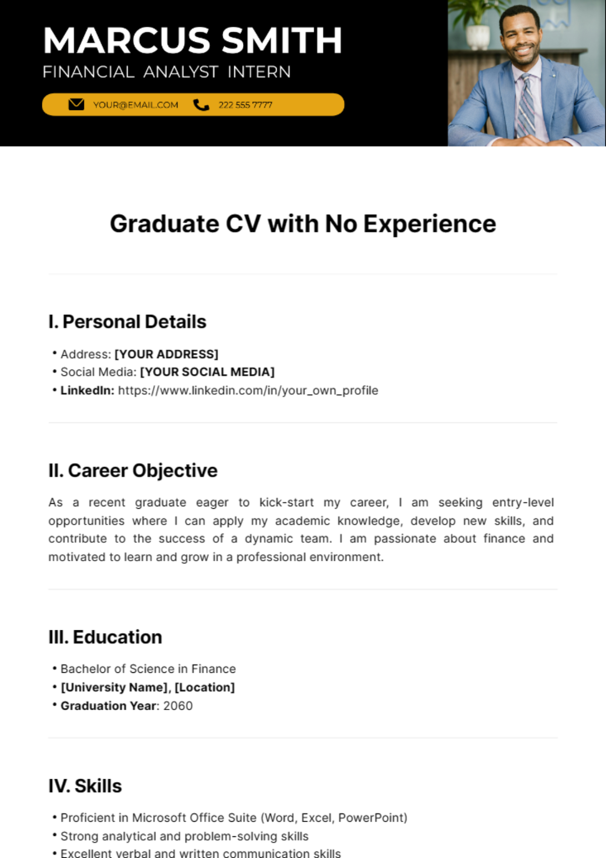 Graduate CV with No Experience Template - Edit Online & Download