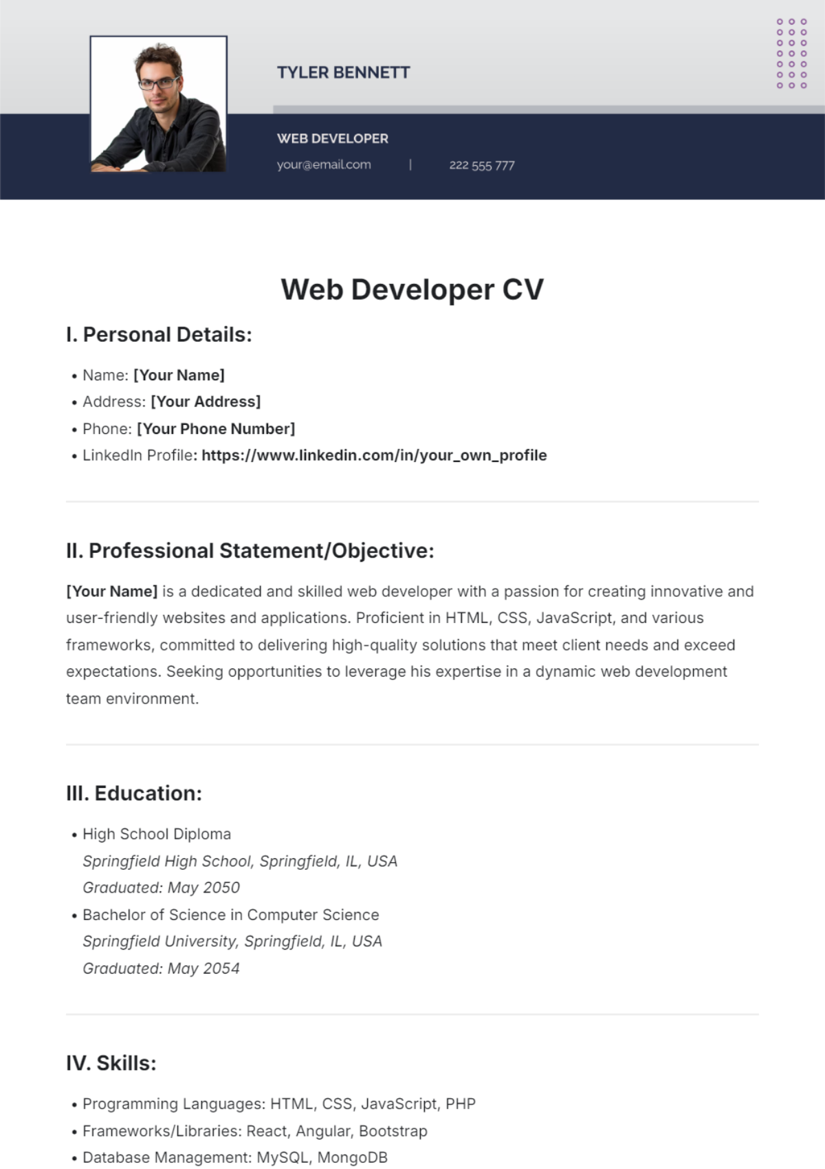 Web Developer CV Template - Edit Online & Download