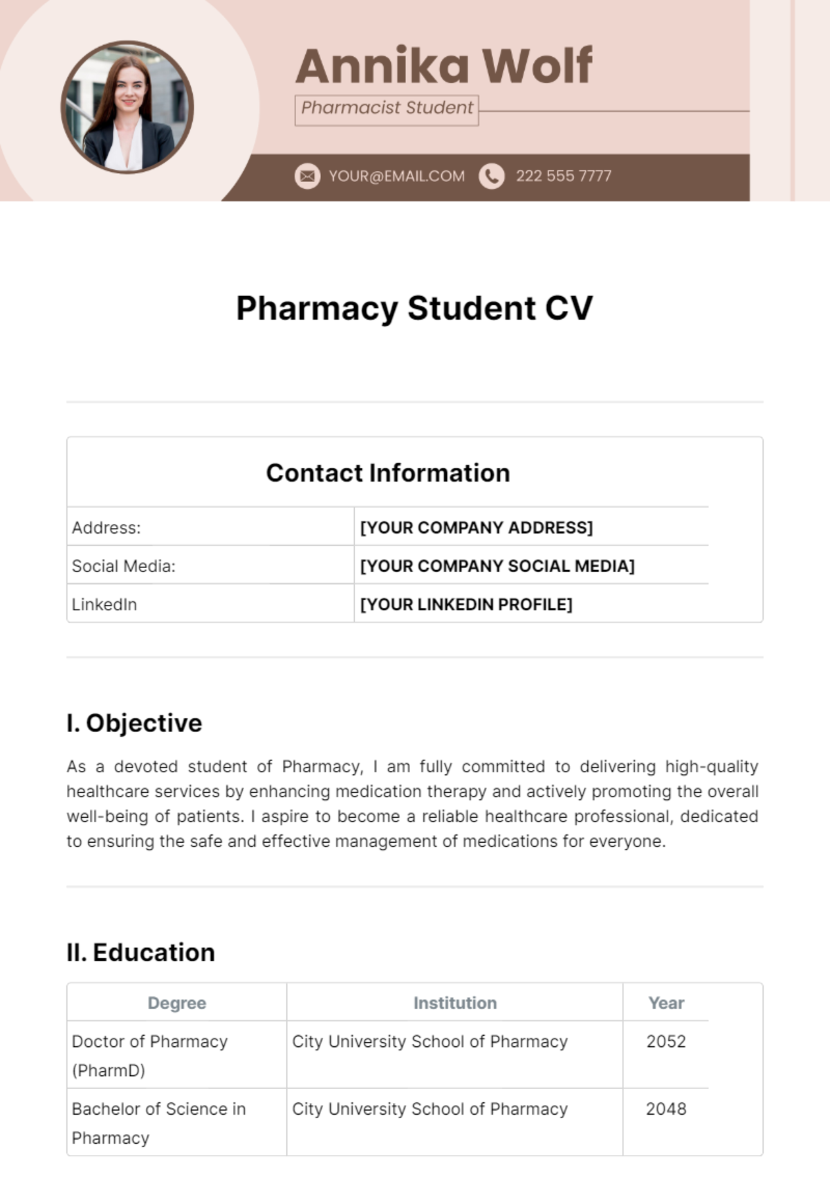 Free Pharmacy Student CV Template
