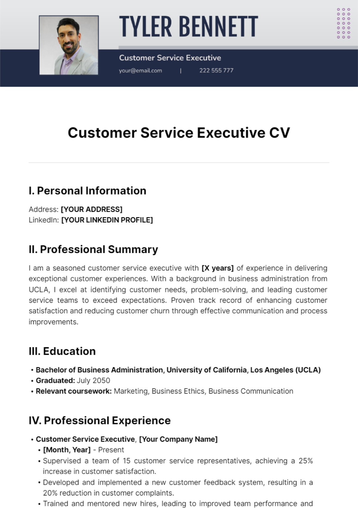 Customer Service Executive CV Template - Edit Online & Download