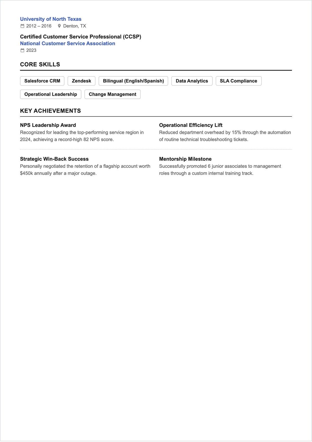 Free Customer Service Executive ATS CV Template, AI CV Builder