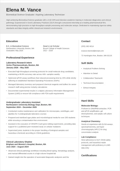 Free Biomedical Science Graduate ATS CV Template, AI CV Builder