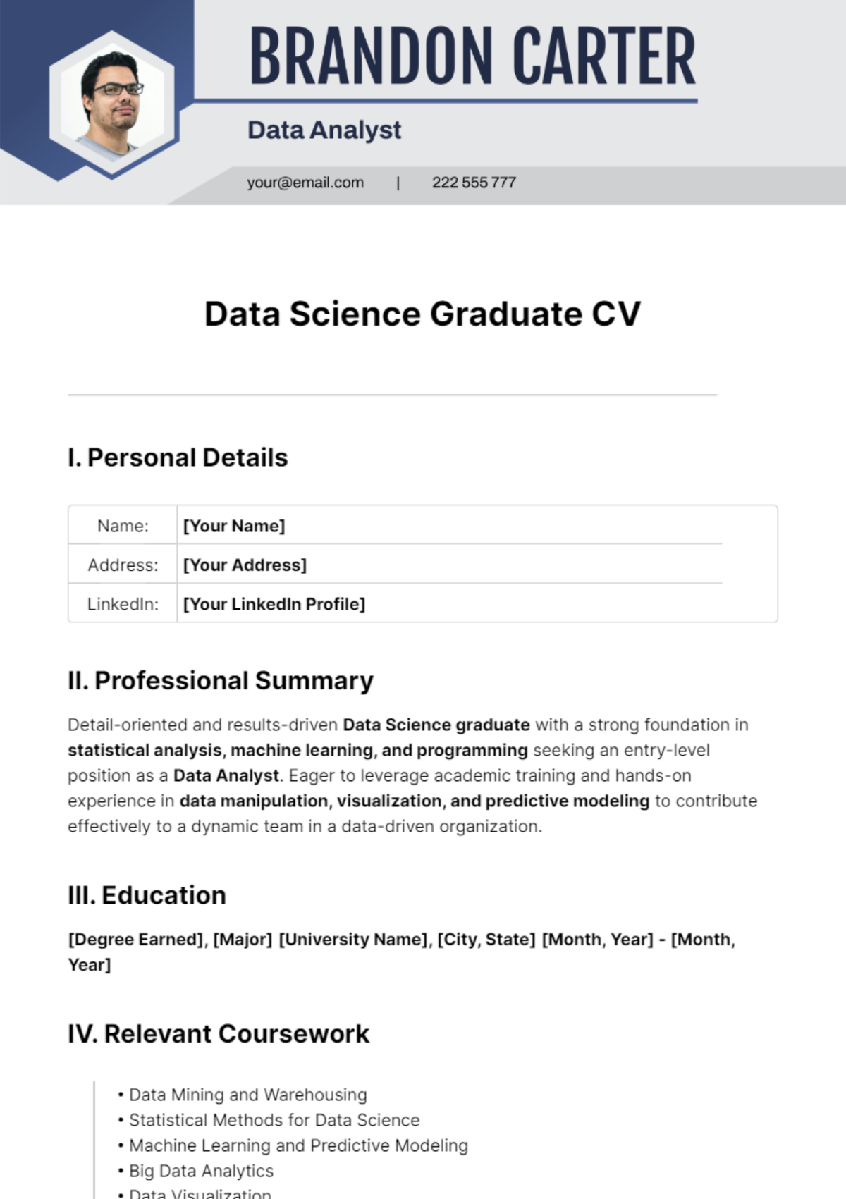 Free Data Science Graduate CV Template