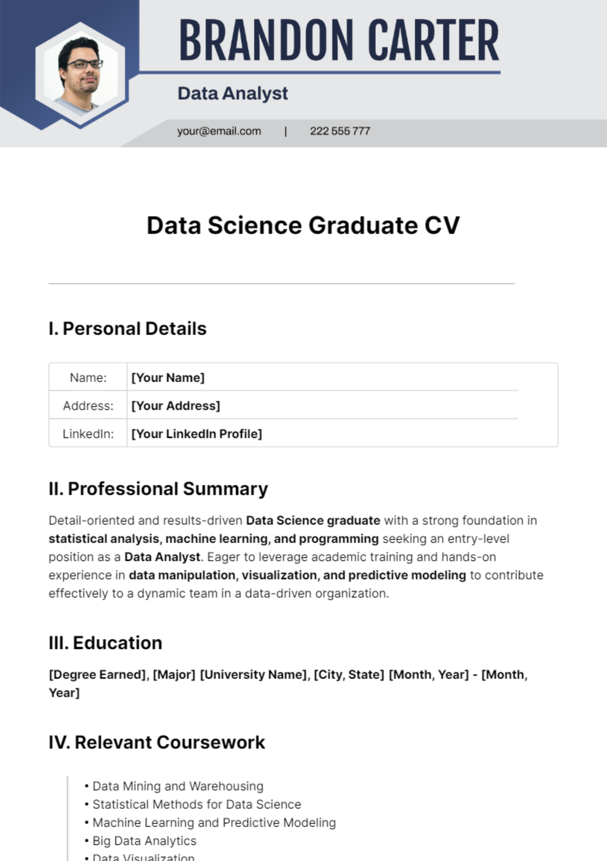 Data Science Graduate CV Template - Edit Online & Download