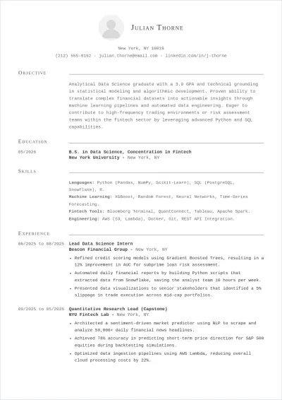 Free Data Science Graduate ATS CV Template, AI CV Builder