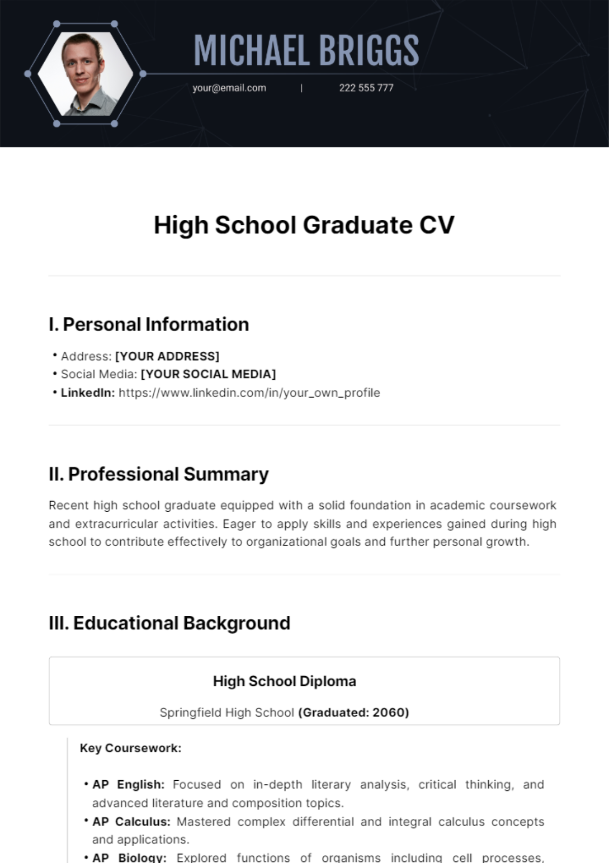 Free High School Graduate CV Template