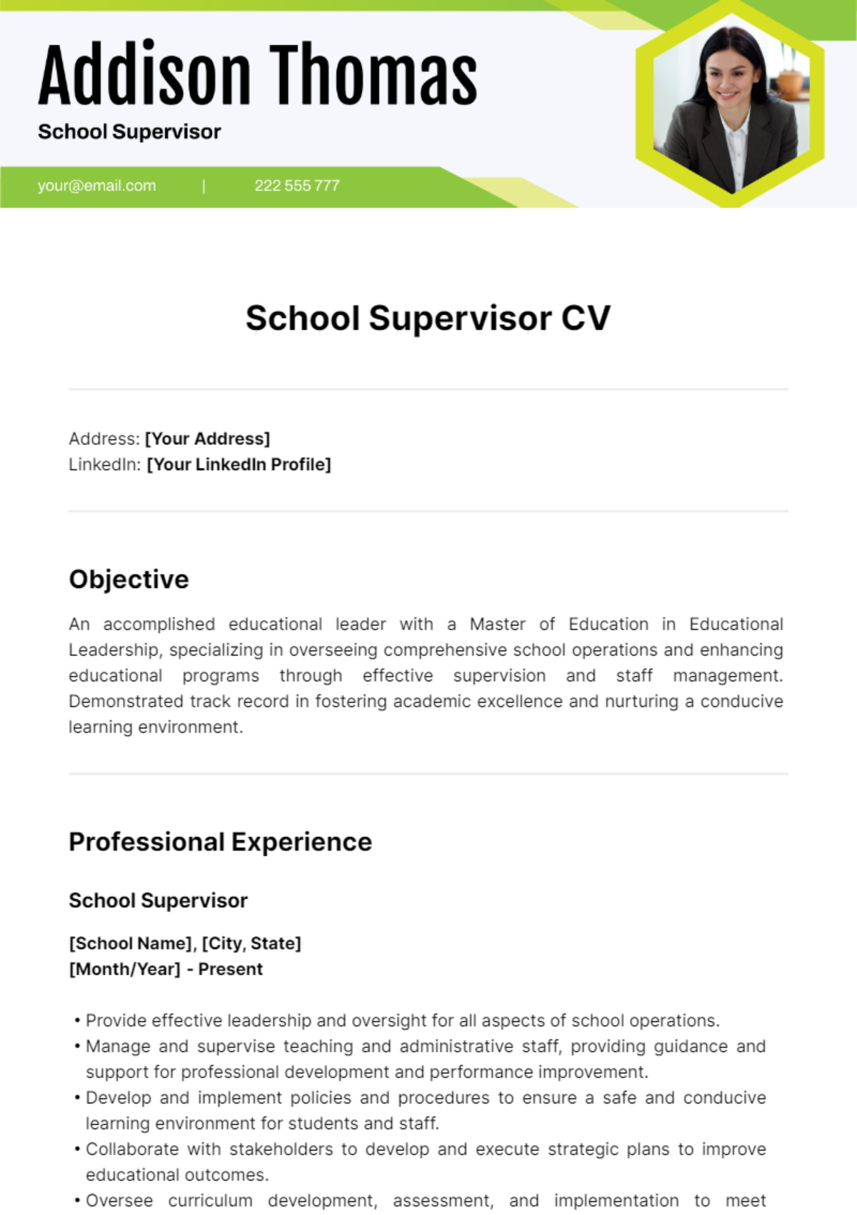 School Supervisor CV Template