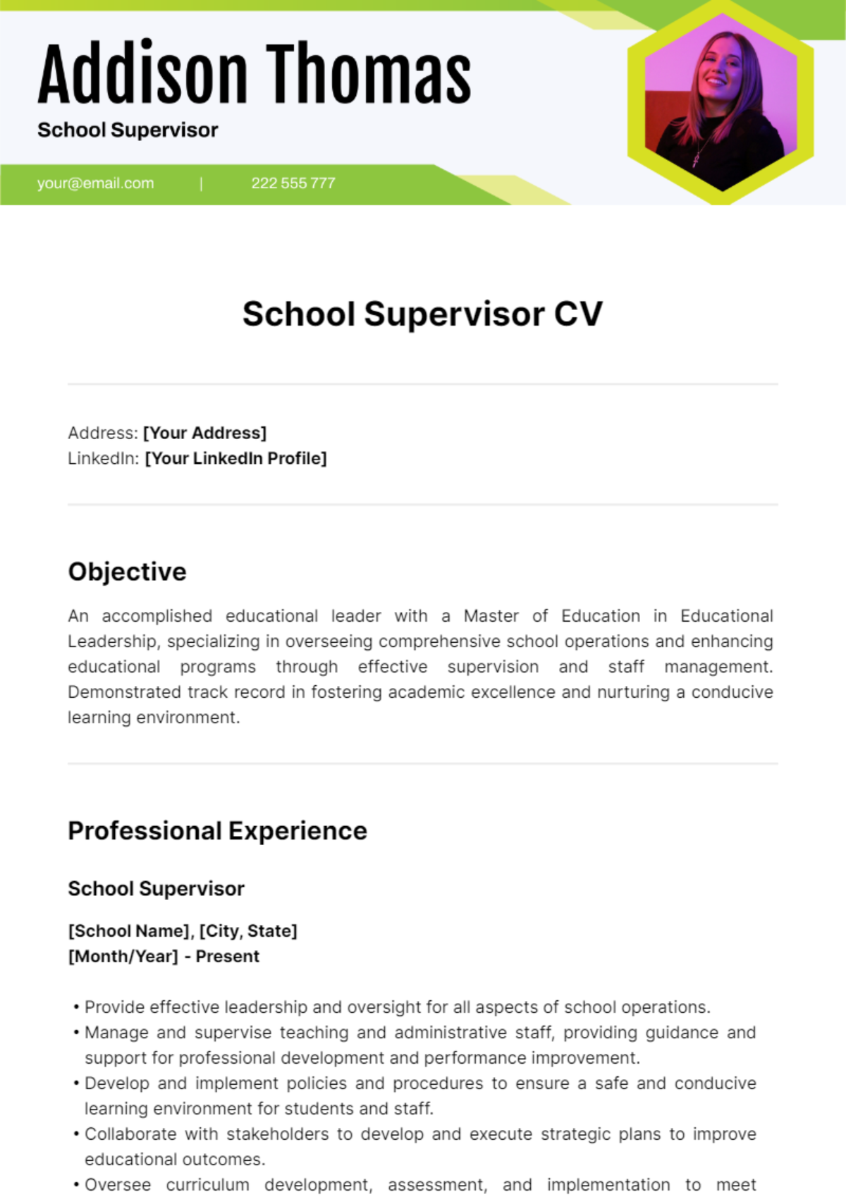 School Supervisor CV Template - Edit Online & Download