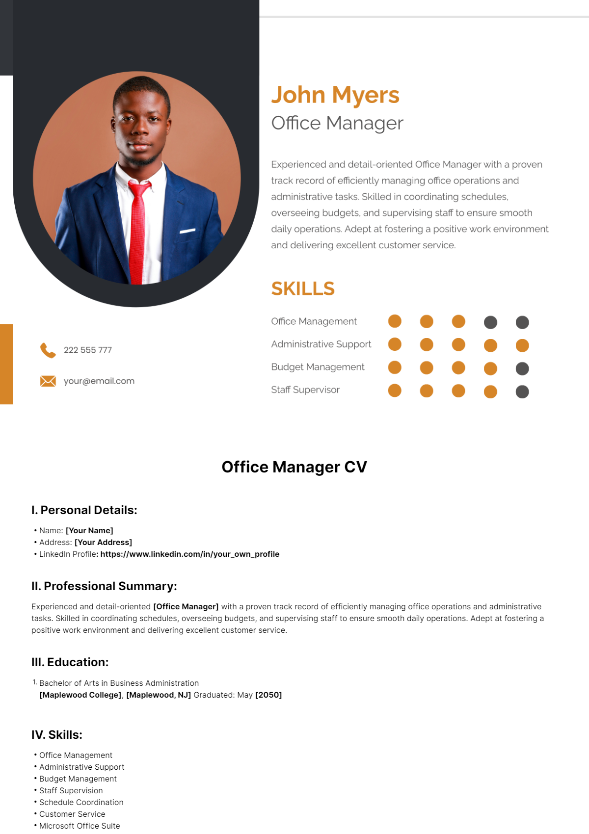 Office Manager CV Template - Edit Online & Download