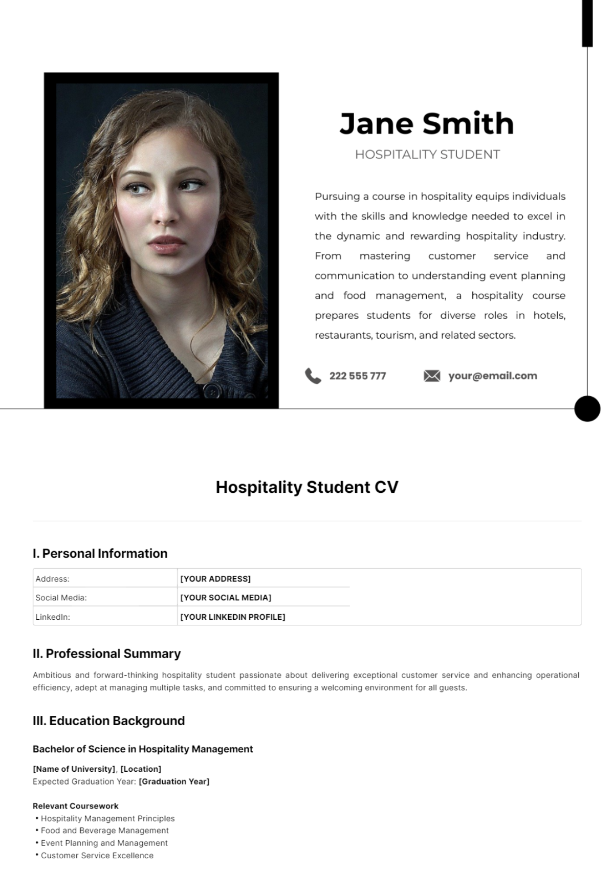 Hospitality Student CV Template