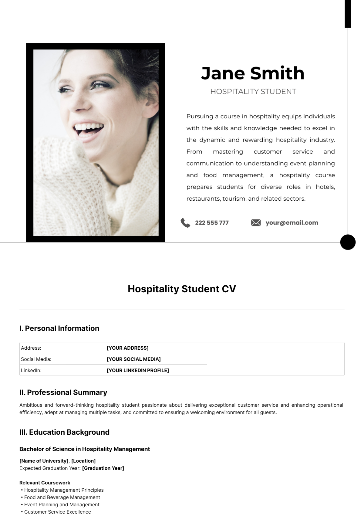 Free Hospitality Student CV Template