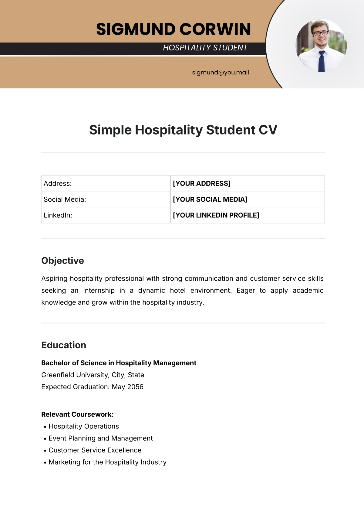 Free Simple Hospitality Student CV Template