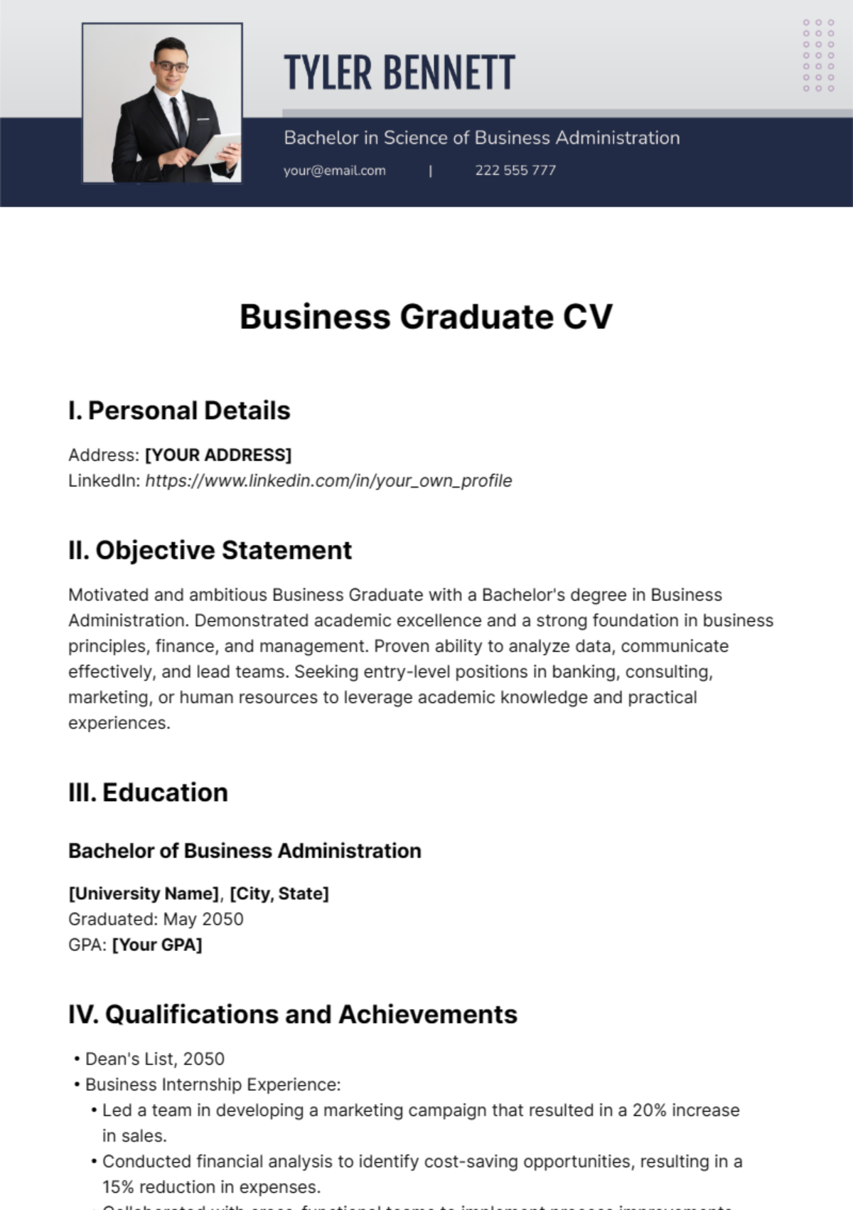 Business Graduate CV Template