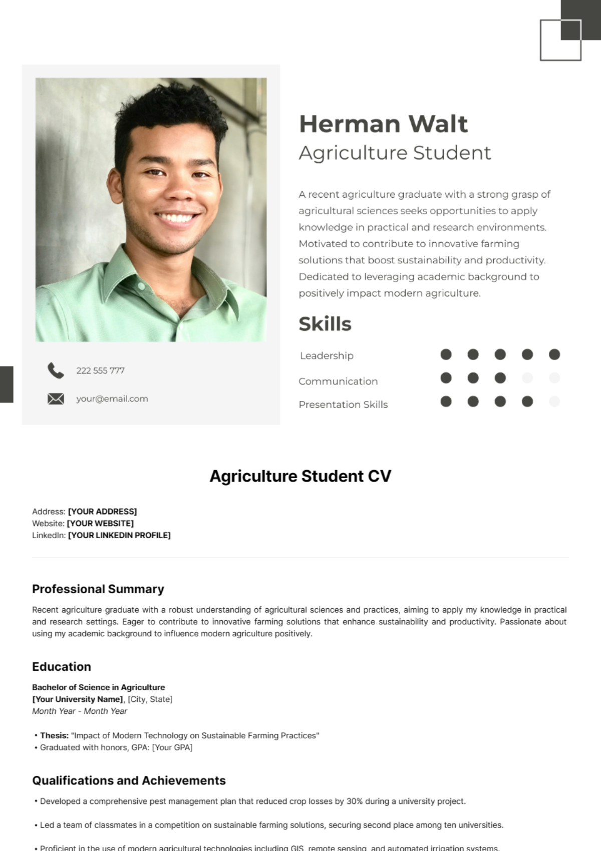 Free Agriculture Student CV Template