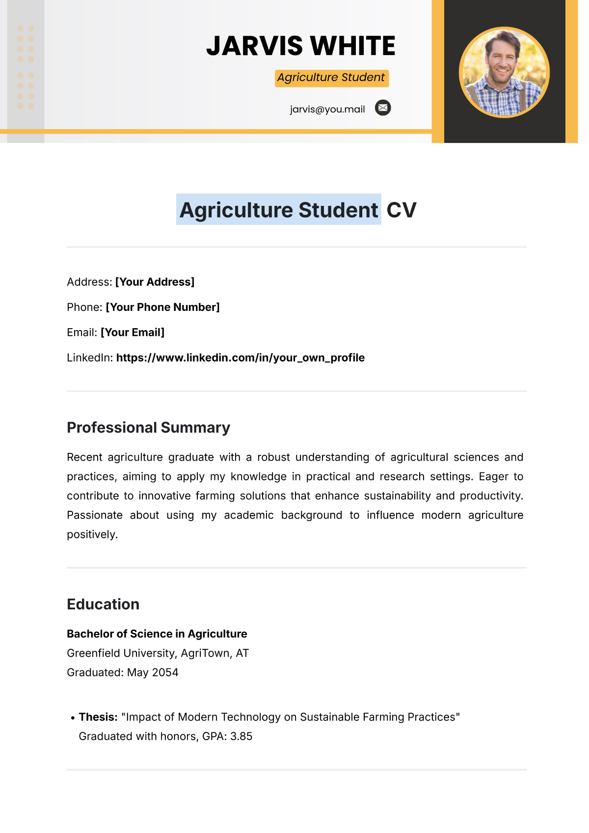 Free Agriculture Student CV Template