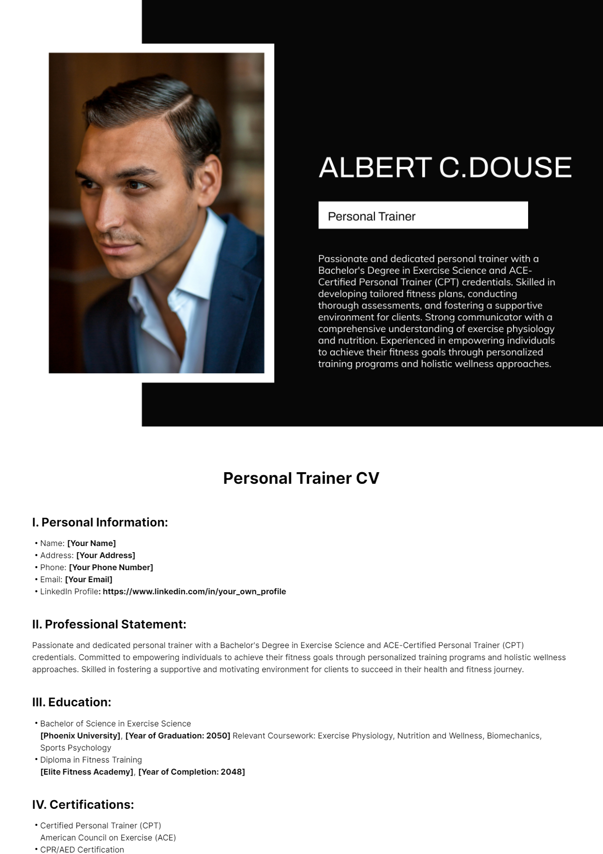 Personal Trainer CV Template - Edit Online & Download