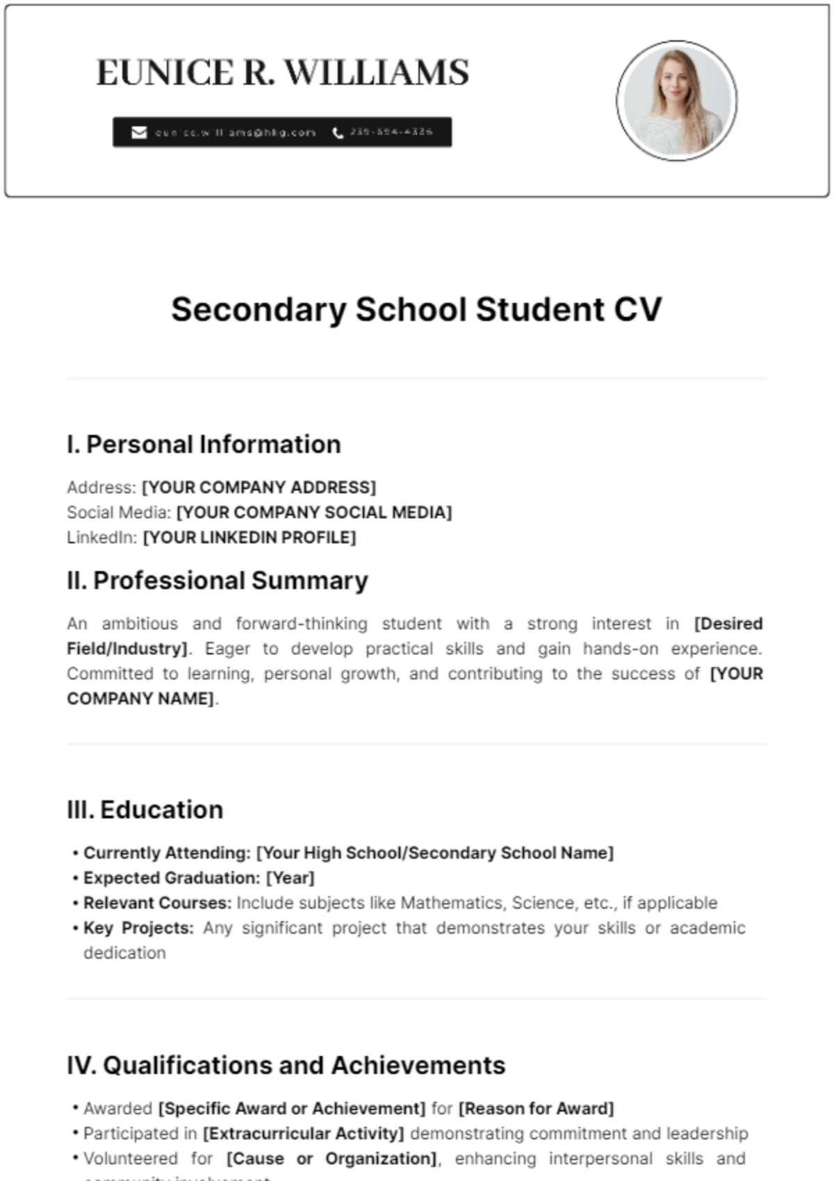 Secondary School Student CV Template