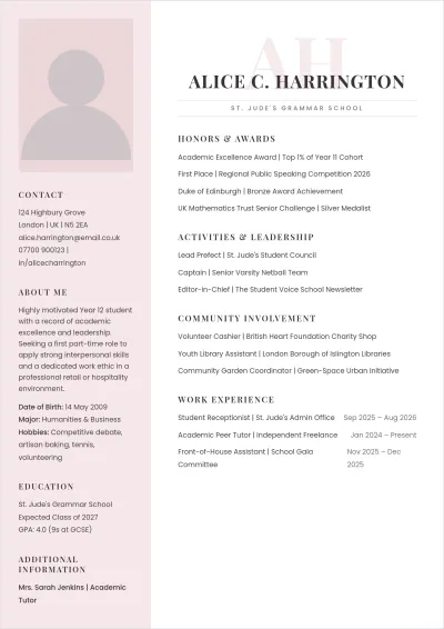 Free Secondary School Student ATS CV Template, AI CV Builder