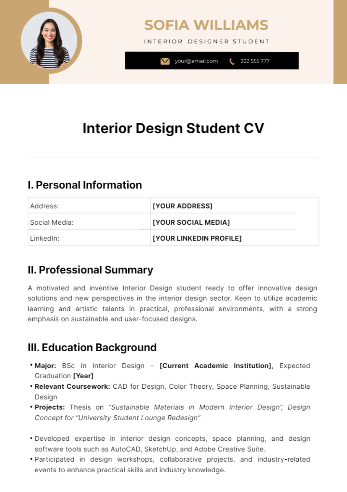 Free Interior Design Student CV Template