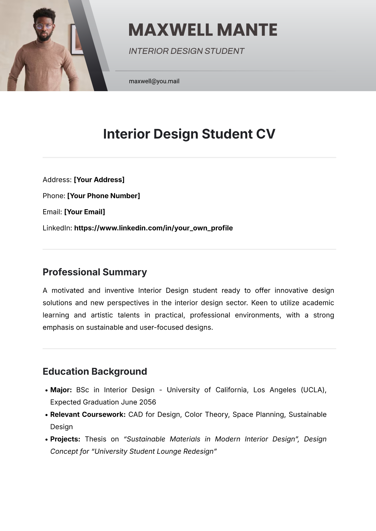 Free Interior Design Student CV Template