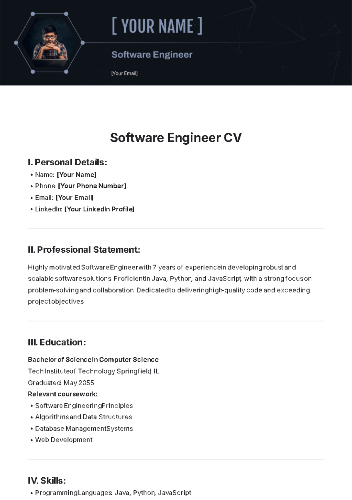 Software Engineer CV Template - Edit Online & Download