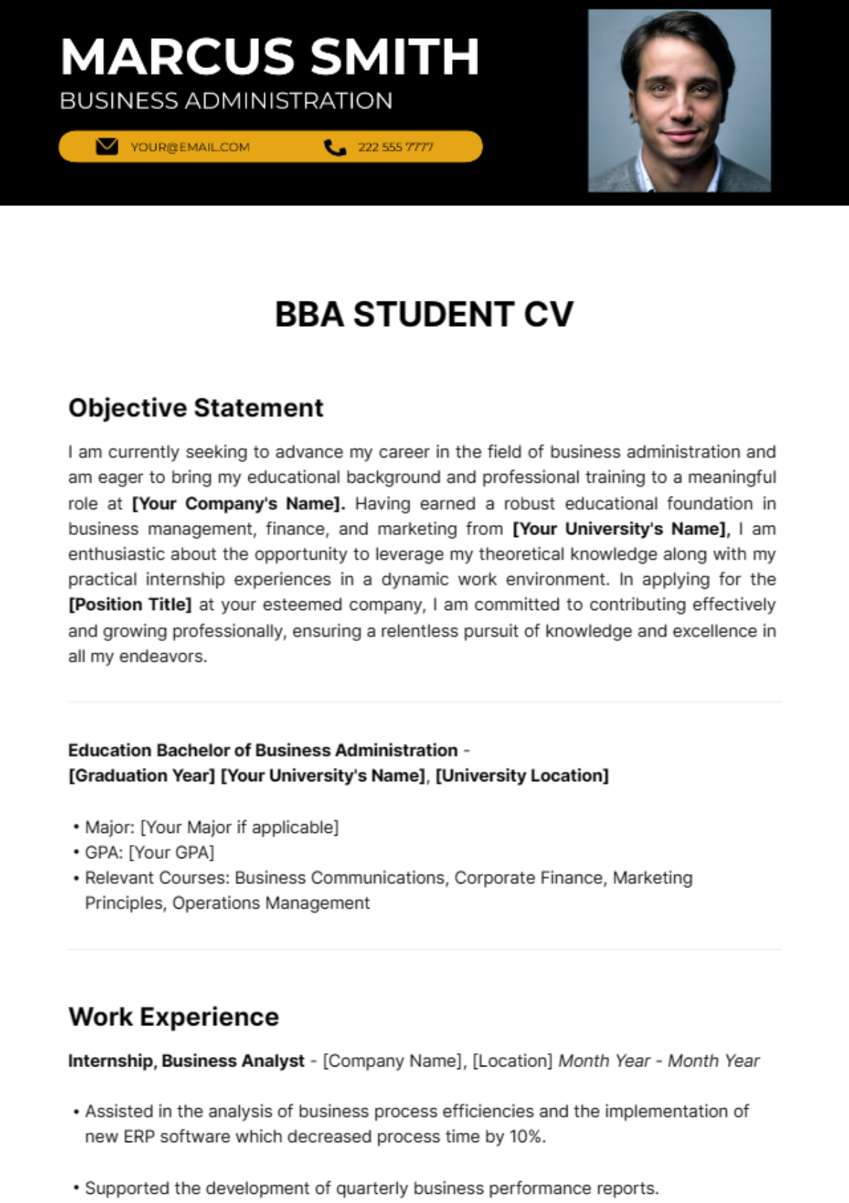 Free BBA Student CV Template