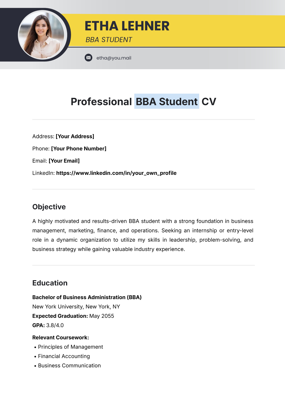 Free Professional BBA Student CV Template