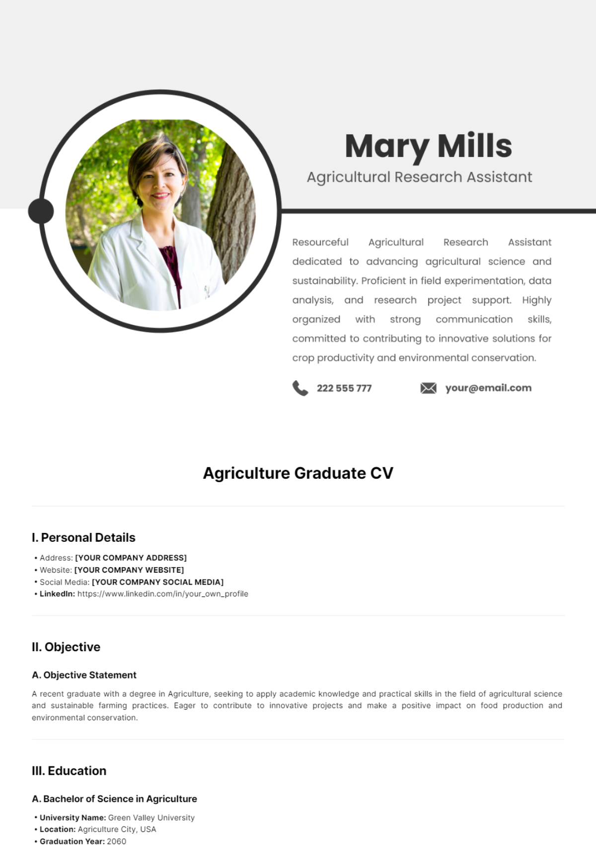 Free Agriculture Graduate CV Template