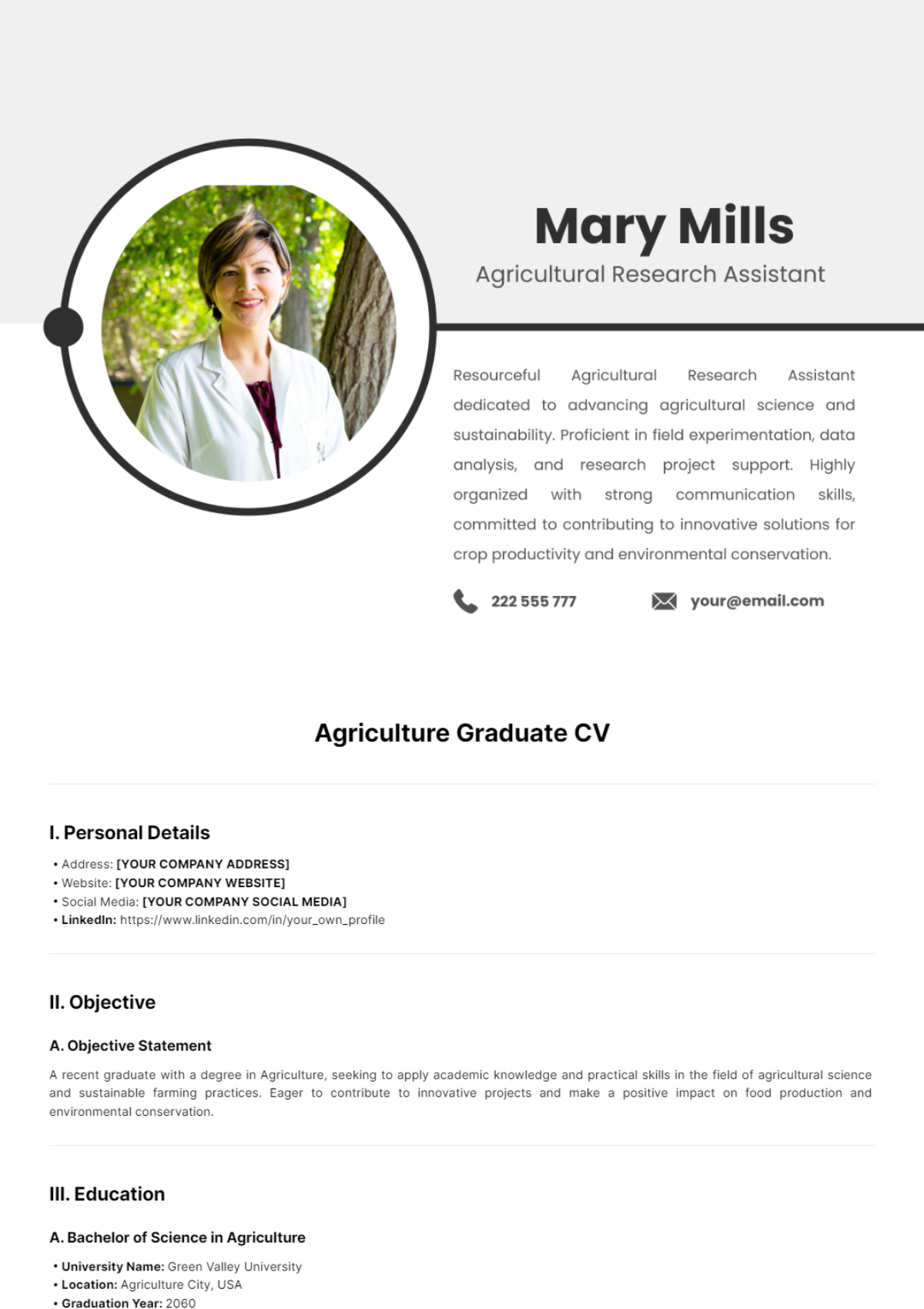 Agriculture Graduate CV Template - Edit Online & Download