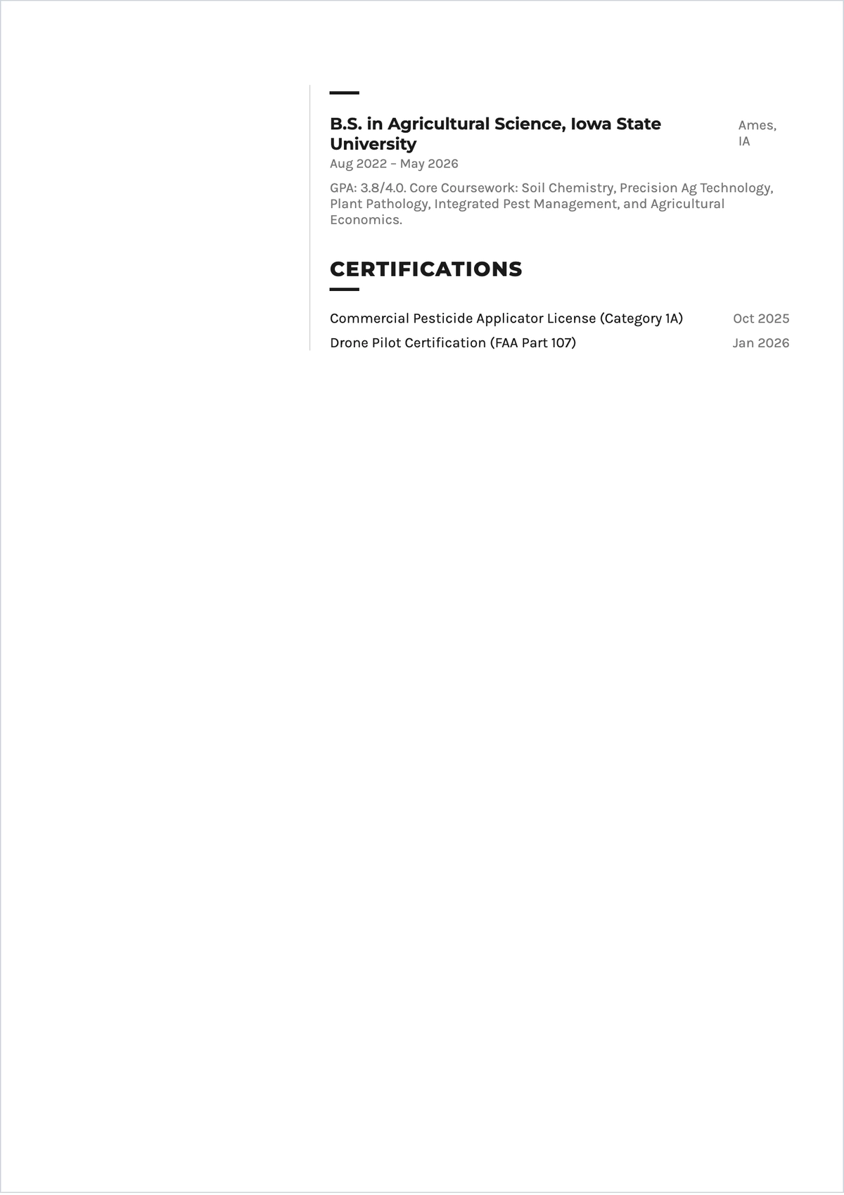 Free Agriculture Graduate ATS CV Template, AI CV Builder