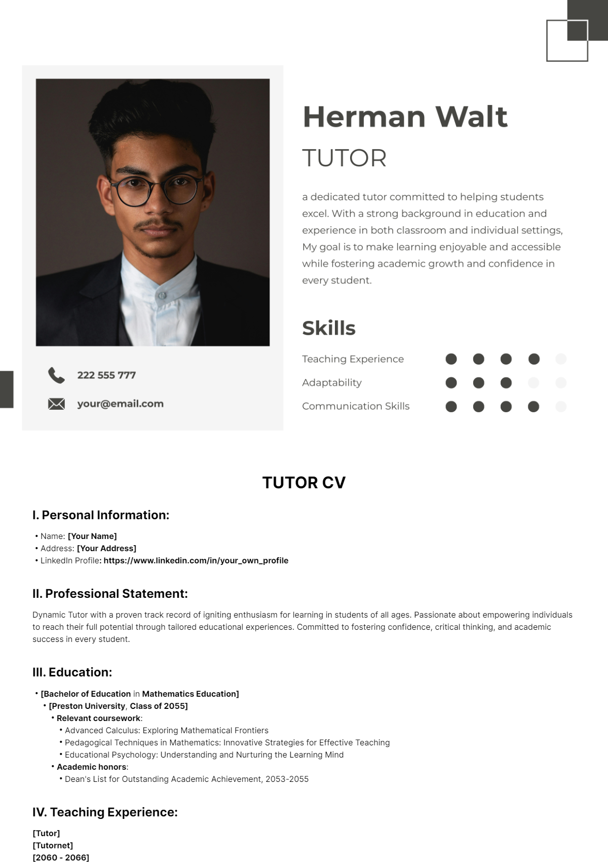 Tutor CV Template - Edit Online & Download