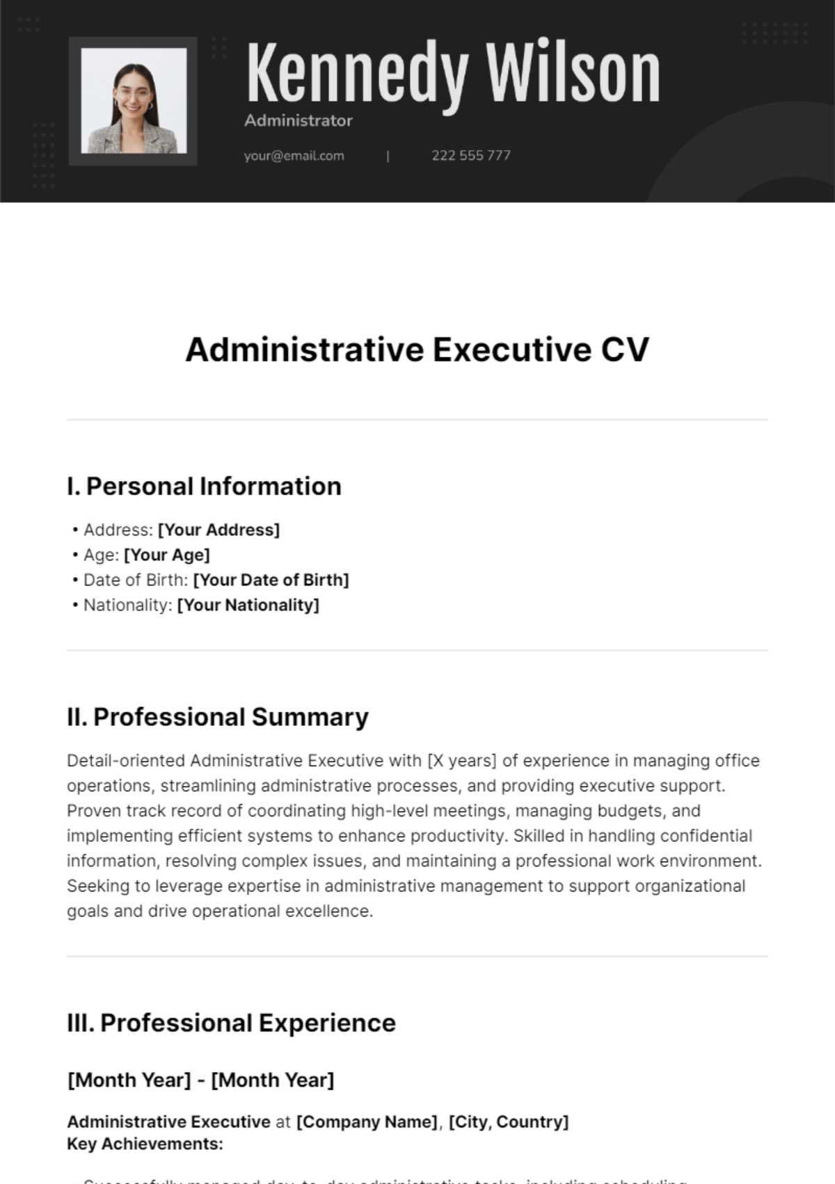 Administrative Executive CV Template