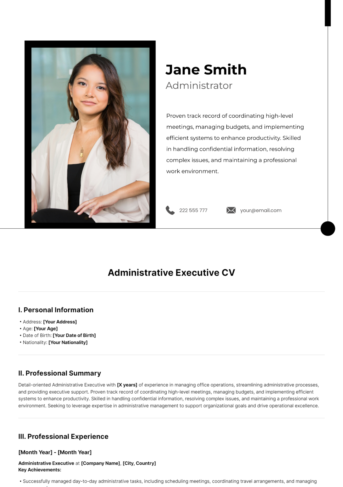 Administrative Executive CV Template - Edit Online & Download