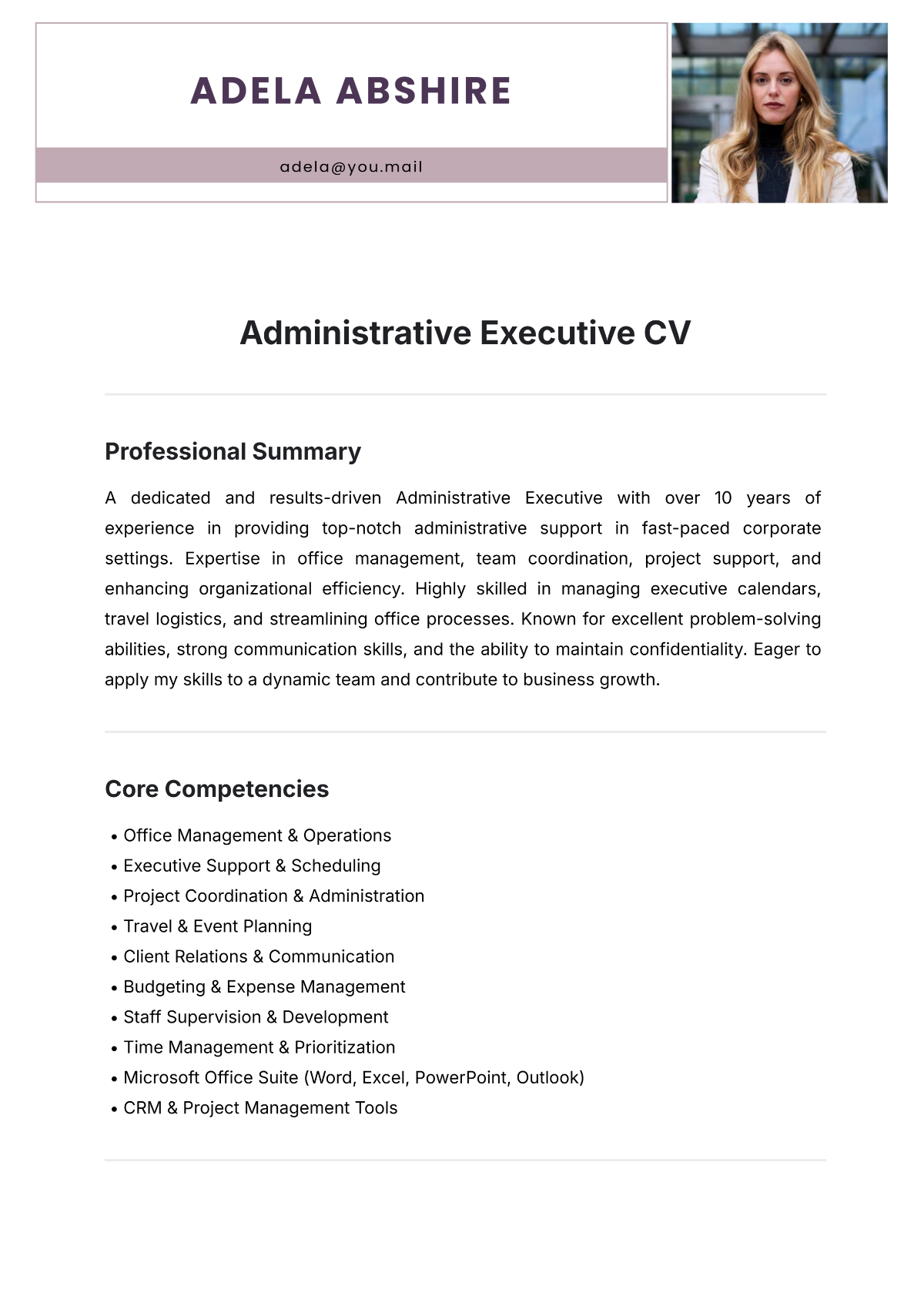 Administrative Executive CV Template - Edit Online & Download