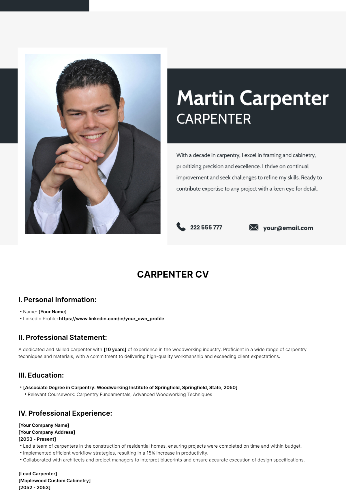 Carpenter CV Template - Edit Online & Download