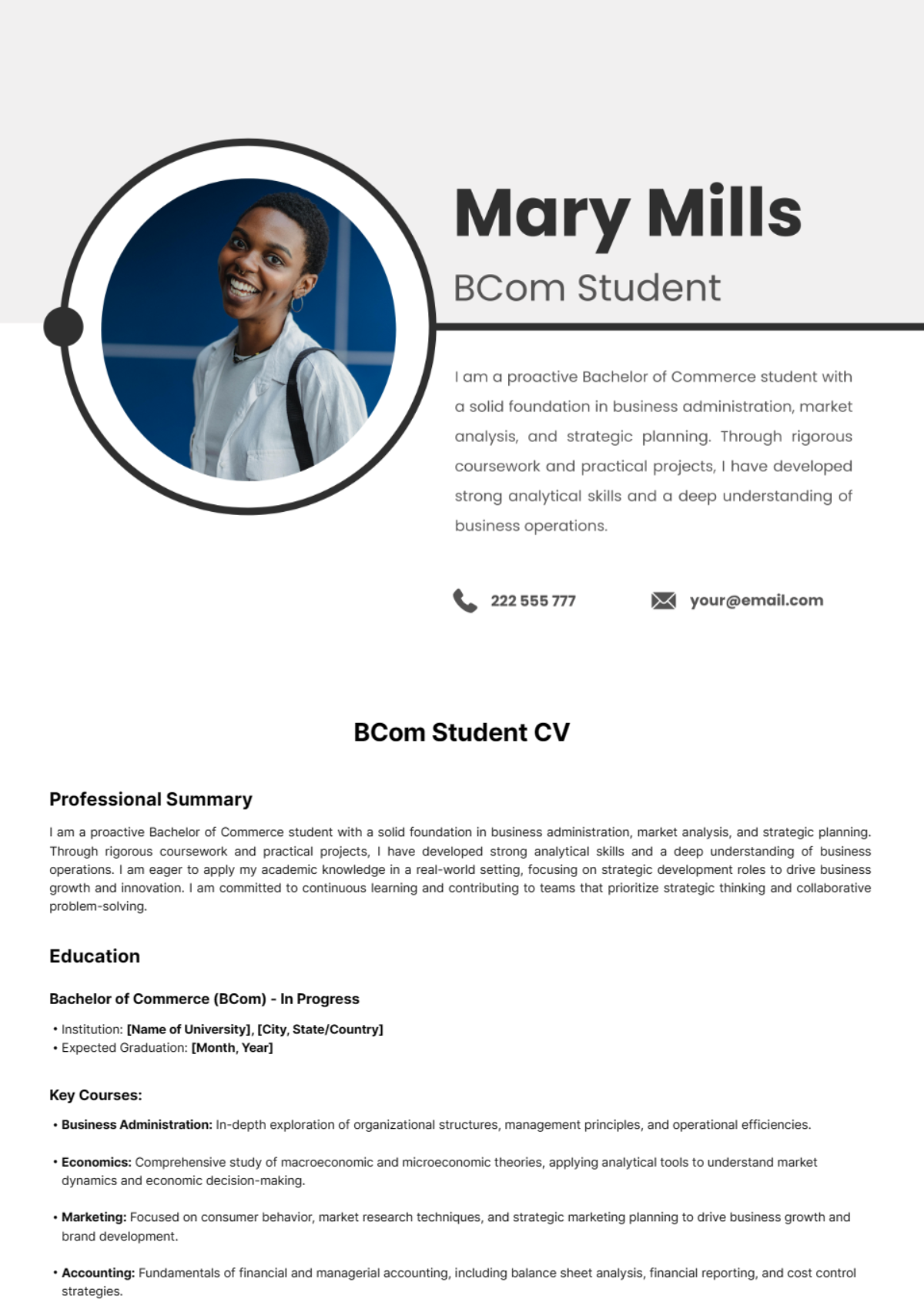 Free BCom Student CV Template