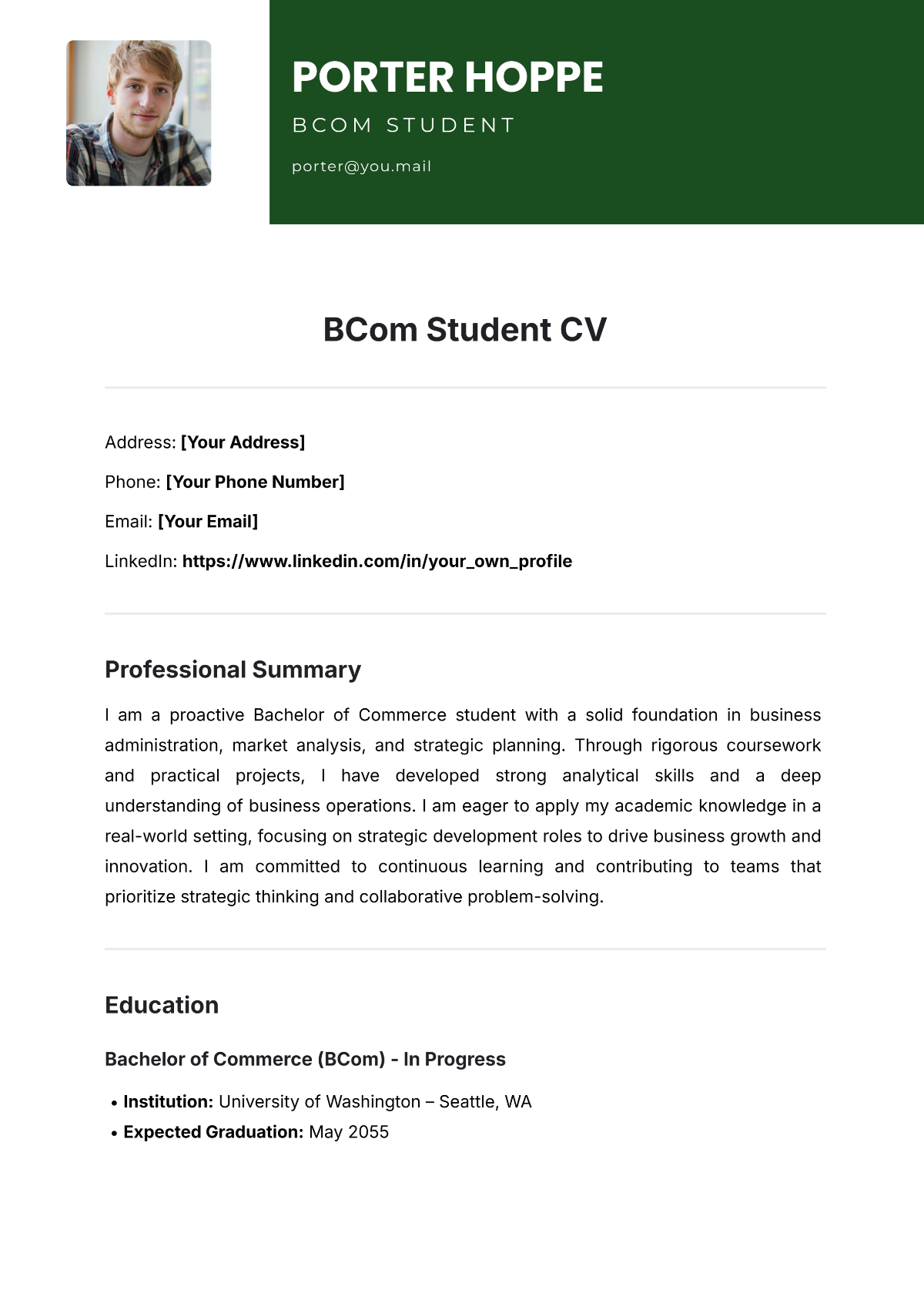 Free BCom Student CV Template