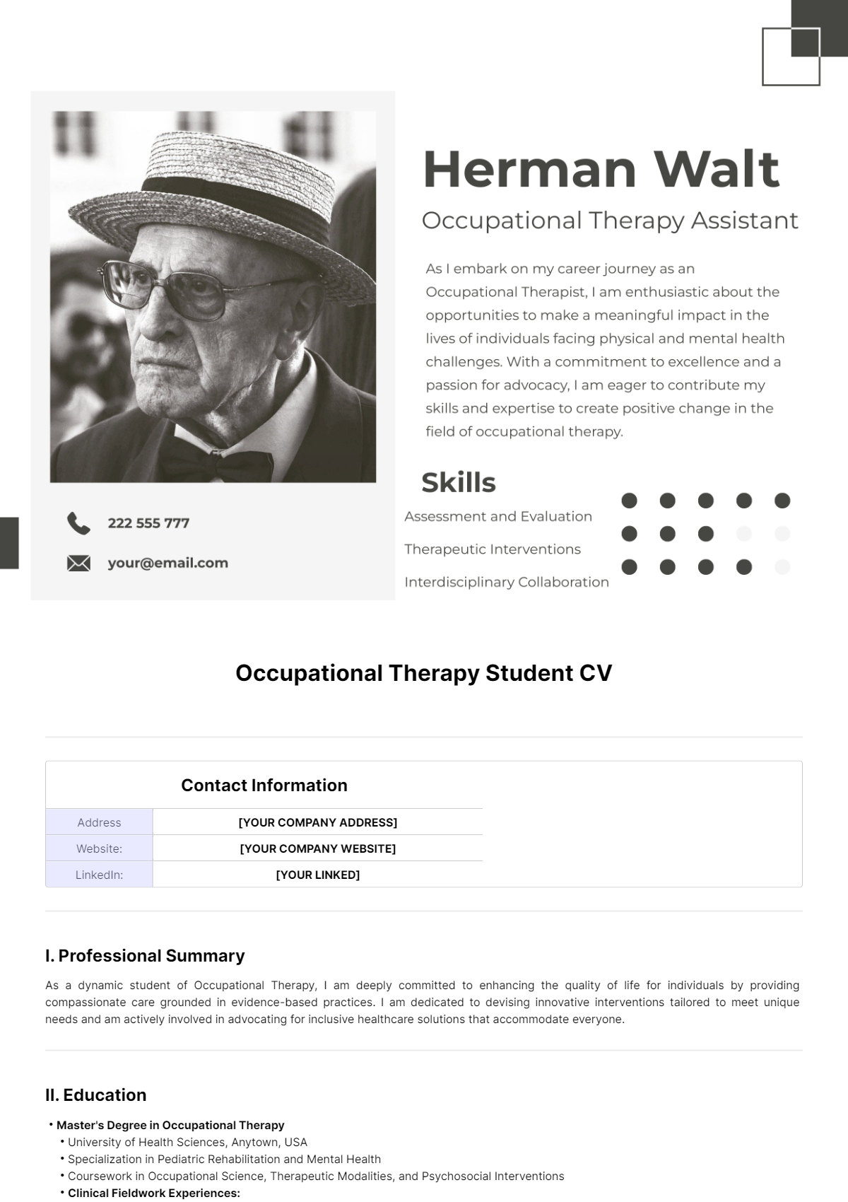 Free Occupational Therapy Student CV Template