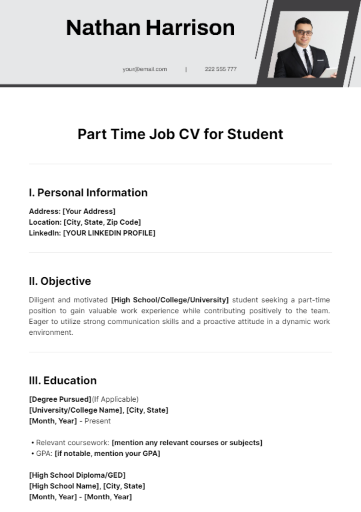 Part Time Job CV for Student Template