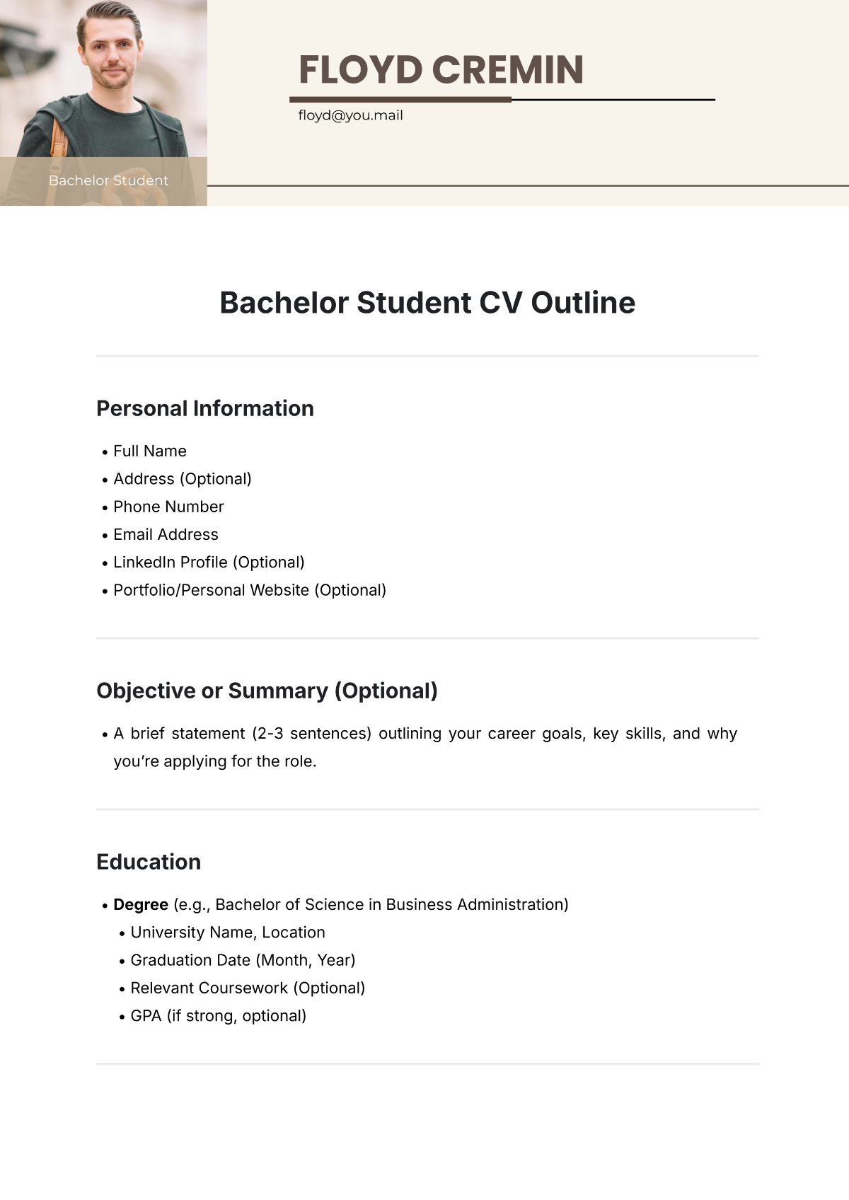 Free Bachelor Student CV Outline Template