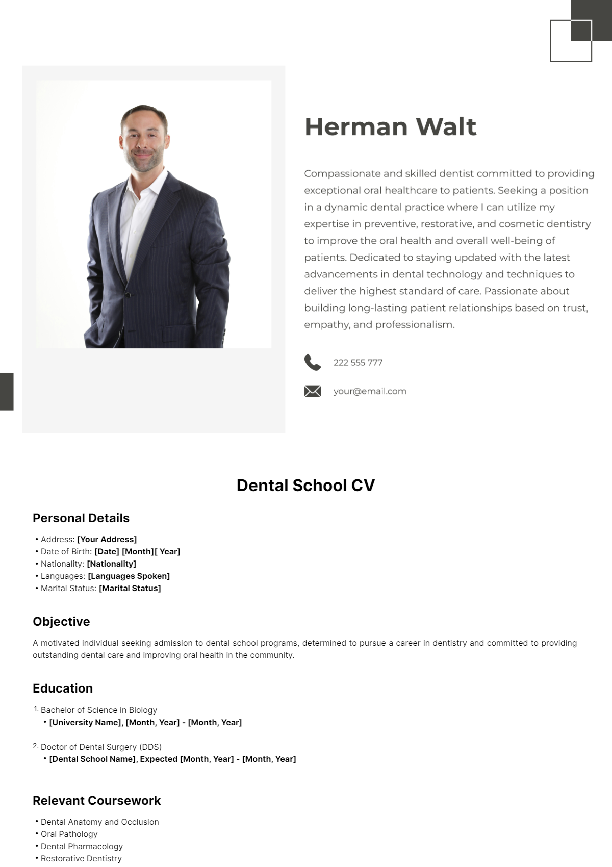 Dental School CV Template - Edit Online & Download