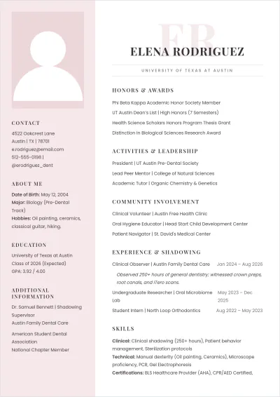 Free Dental School ATS CV Template, AI CV Builder