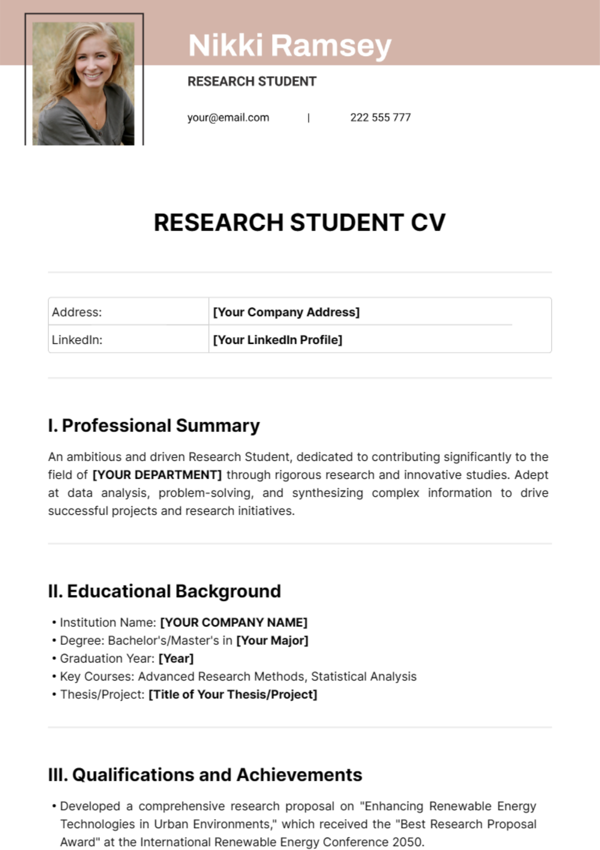 Free Research Student CV Template