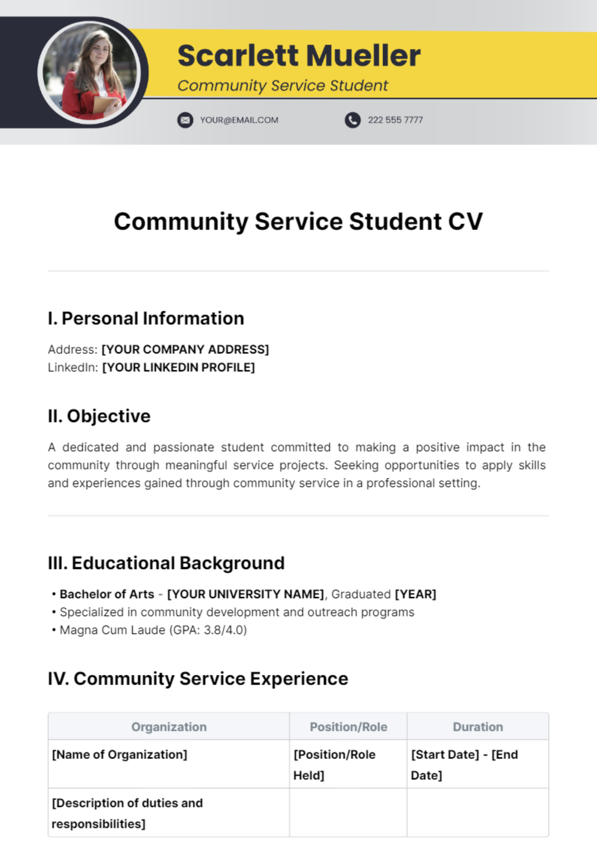 Free Community Service Student CV Template