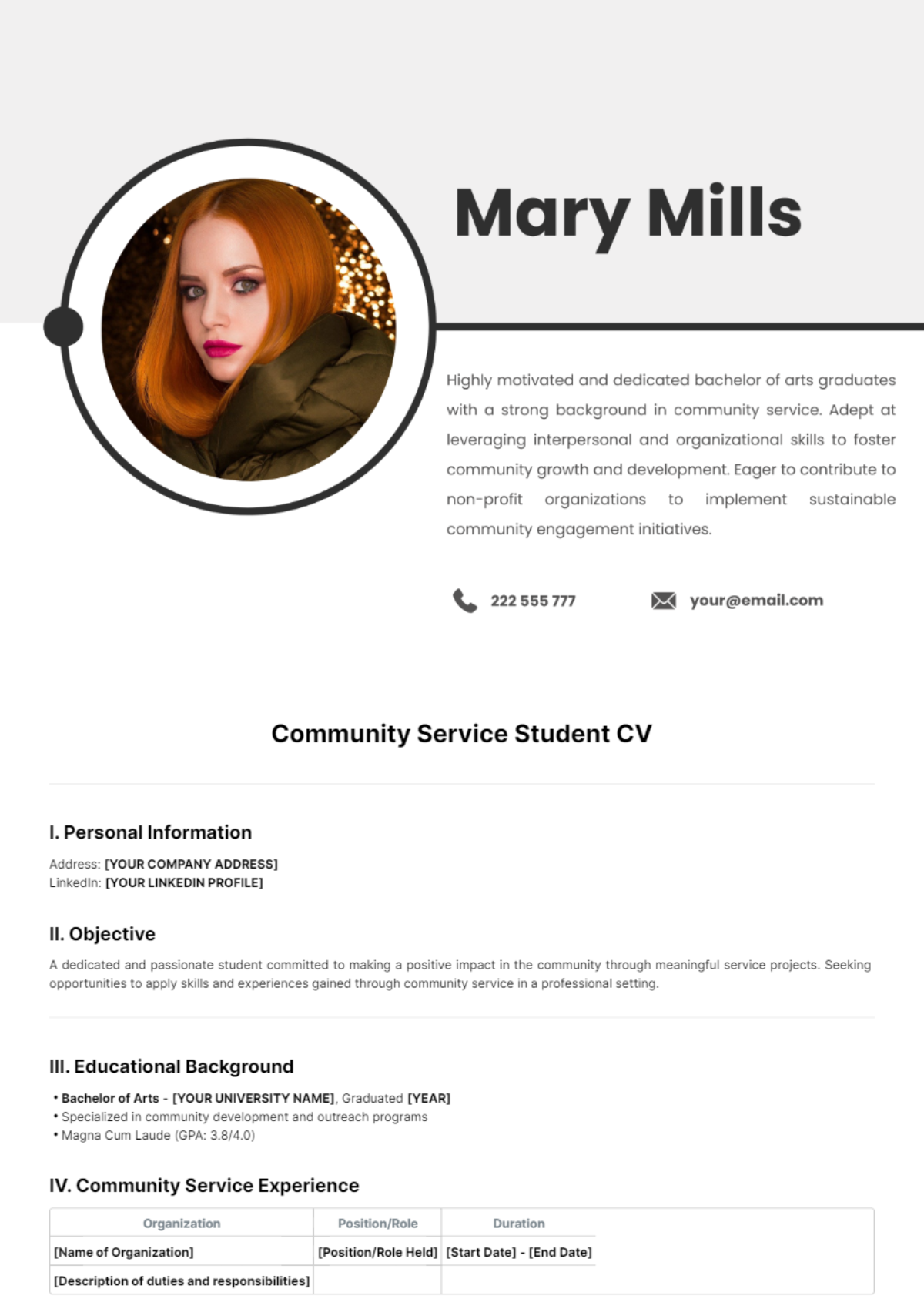 Community Service Student CV Template