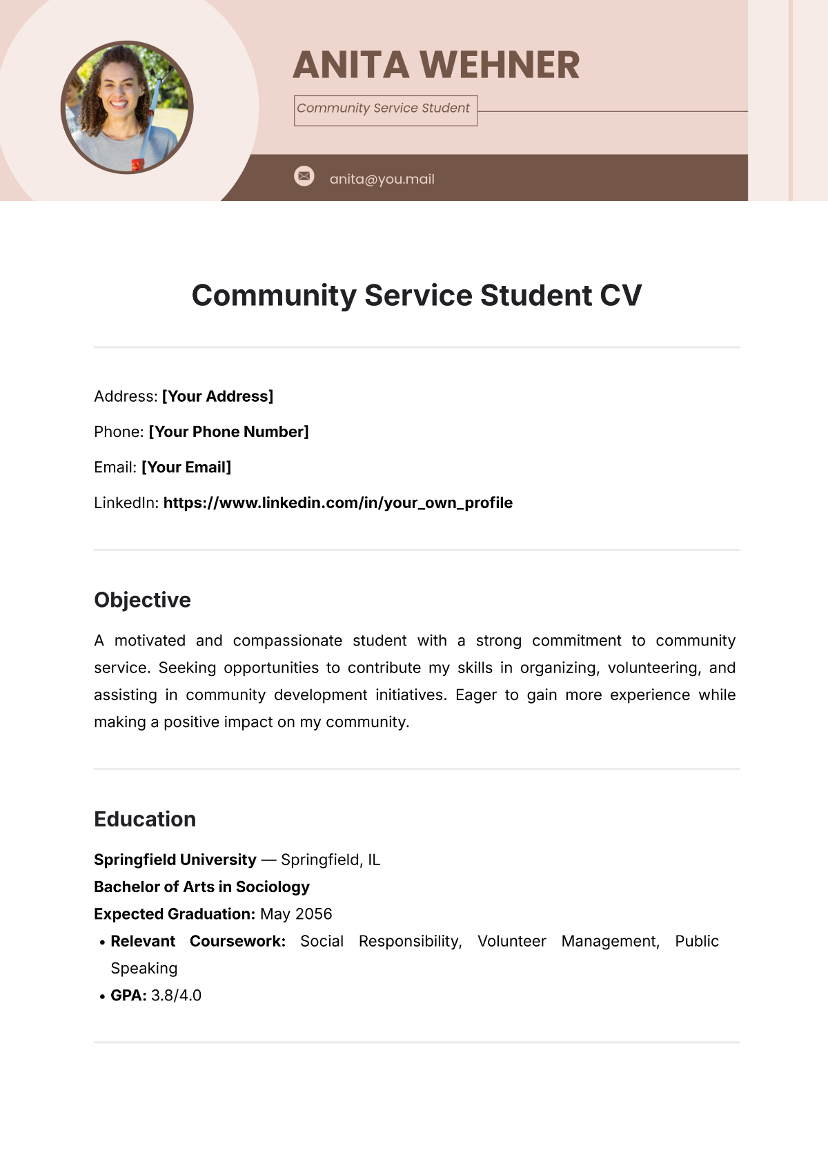 Free Community Service Student CV Template