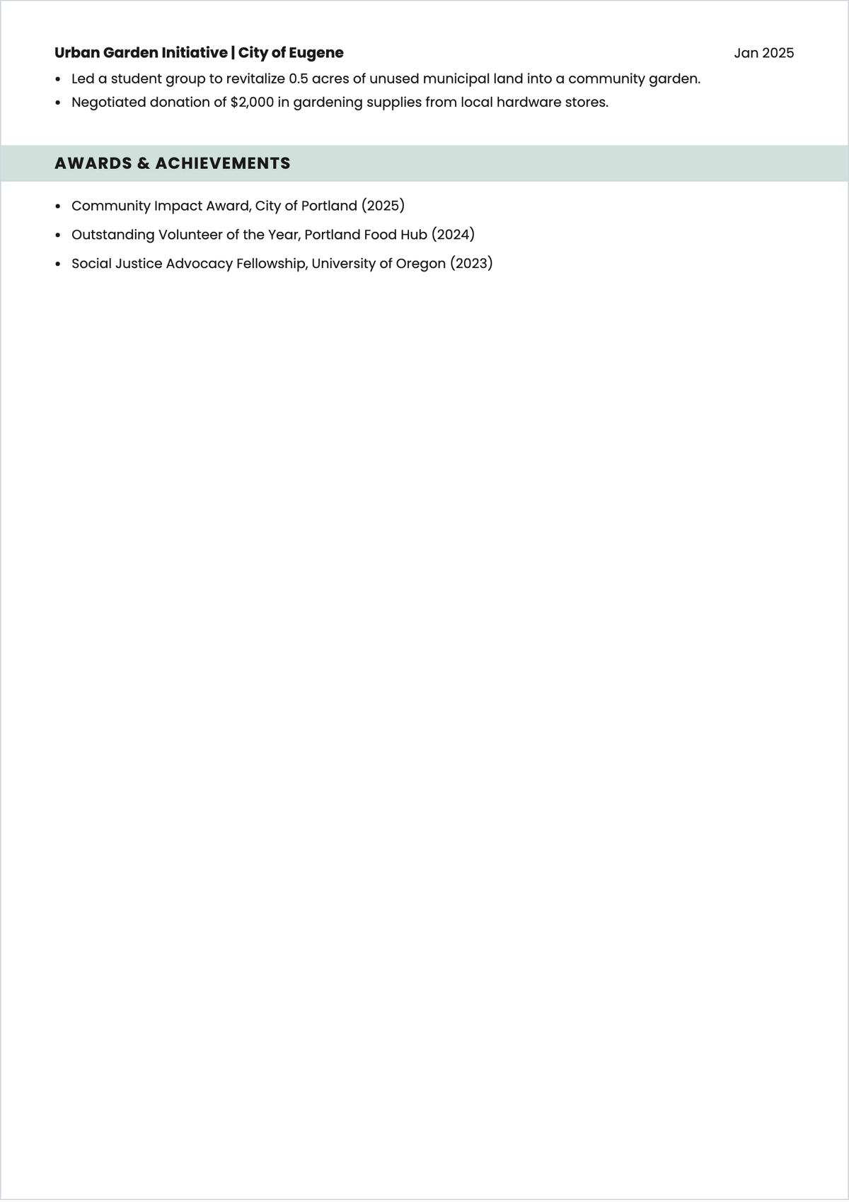 Free Community Service Student ATS CV Template, AI CV Builder