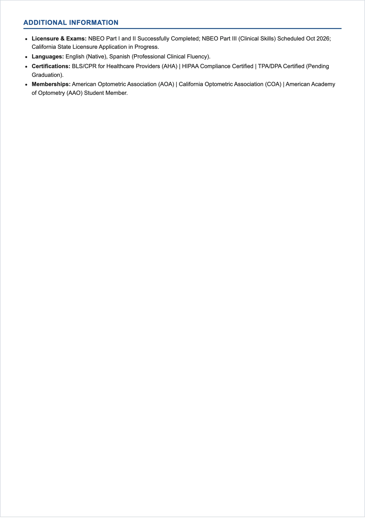Free Optometry Student ATS CV Template, AI CV Builder