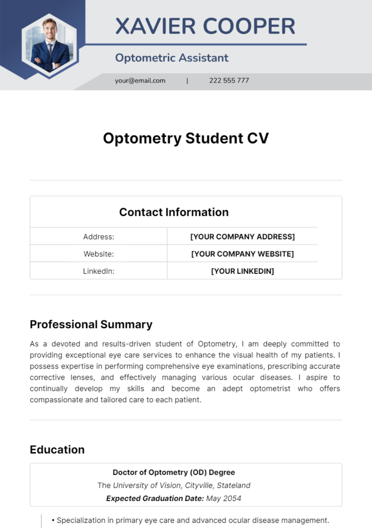Optometry Student CV Template
