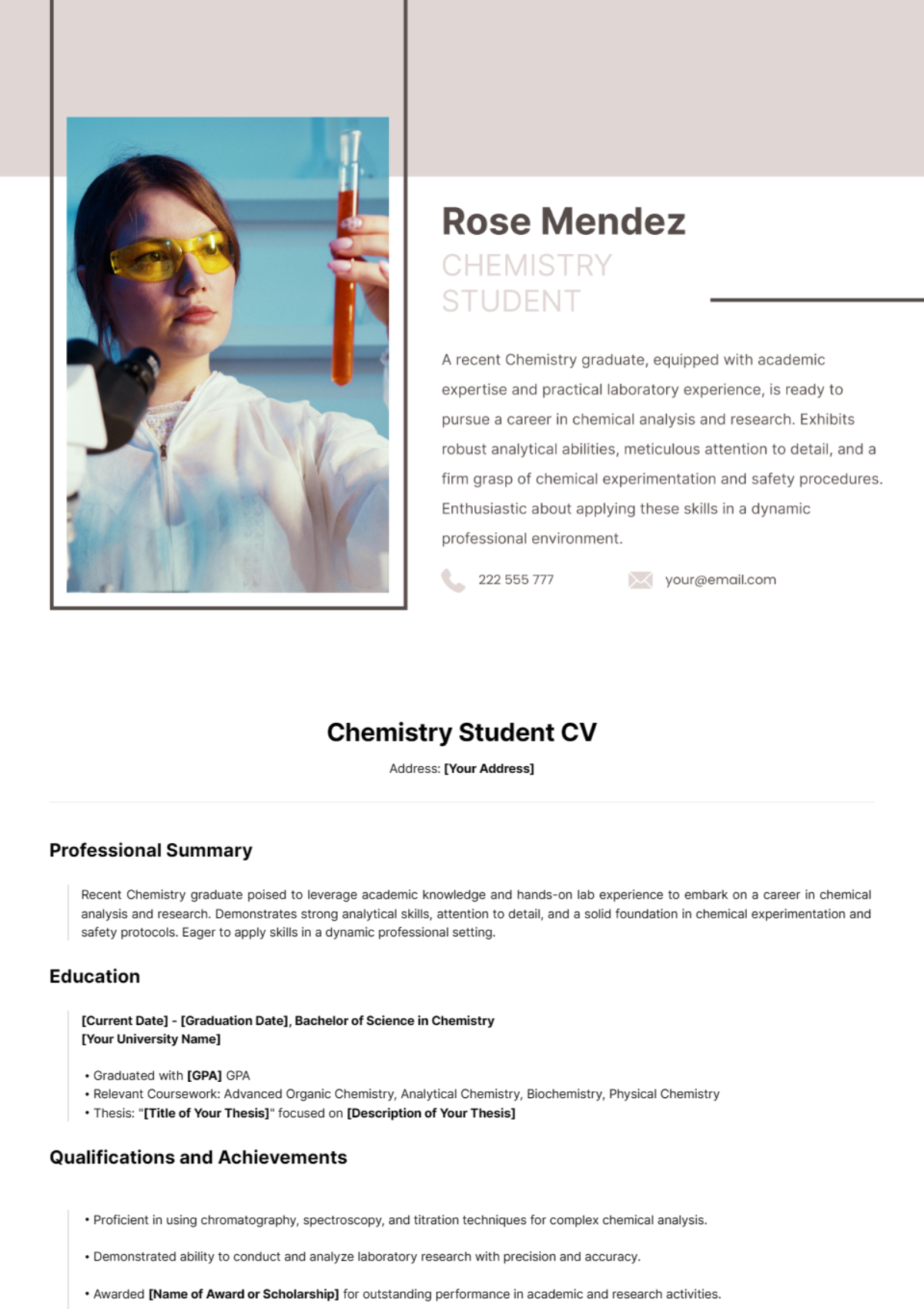 Free Chemistry Student CV Template
